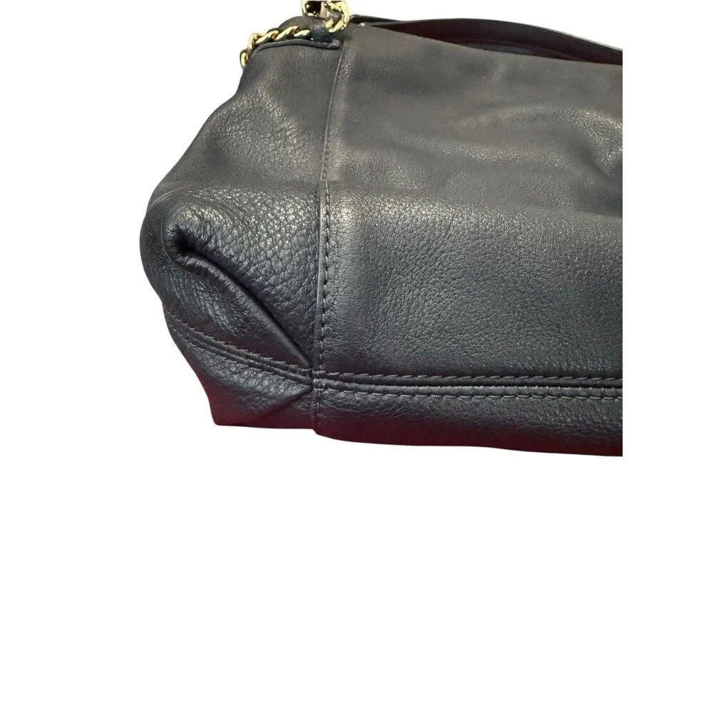 Michael Kors Navy Blue Pebbled Leather Chain Shoulder Tote Gold Lock Charm Bag